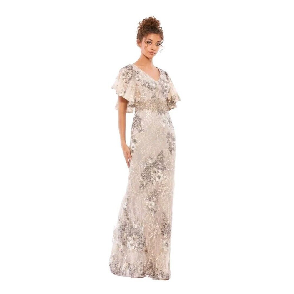 MAC DUGGAL 67842 Taupe Beaded Embroidered Lace Bell Sleeve Gown Womens (12) $698